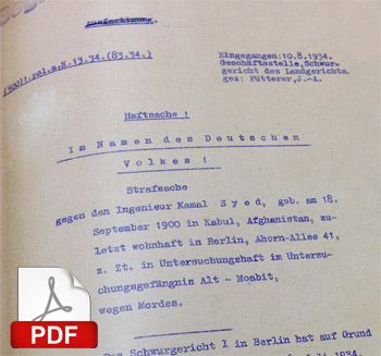 سند اصلی  حکم محکمه در مورد اعدام سیدکمال در آلمان
