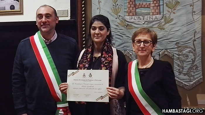 اهدا تقدیر نامه برای سیلی غفار توسط شهر پیدینا و  درزونا - ایتالیا