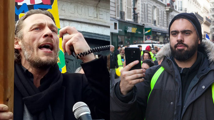 از راست به چپ: اریک دوری و تیری پال والیت از سخنگویان جنبش «واسکت زردها».