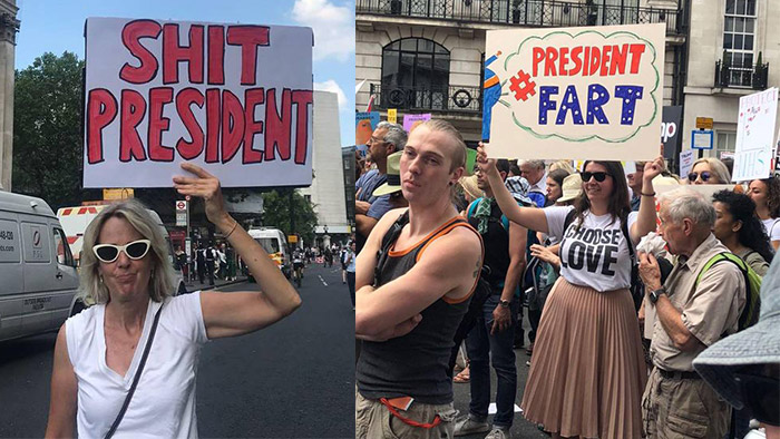 اکثر معترضان شعارهای تحقیرآمیز علیه ترامپ با خود حمل می‌کردند.