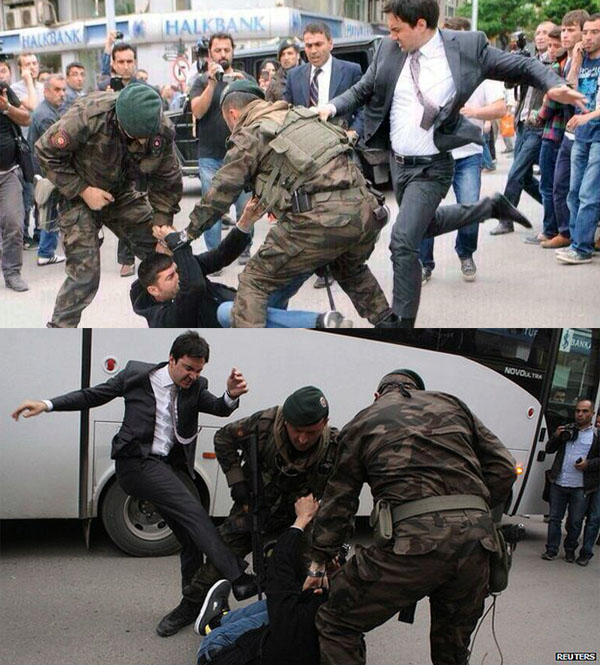 یوسف یرکل معترض ترکی را لت و کوب می‌کند.